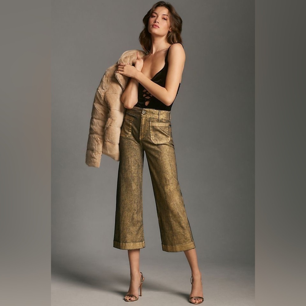 Anthropologie Maeve The Colette Foiled Wide Leg Crop Pants Sz 30 Gold Bronze